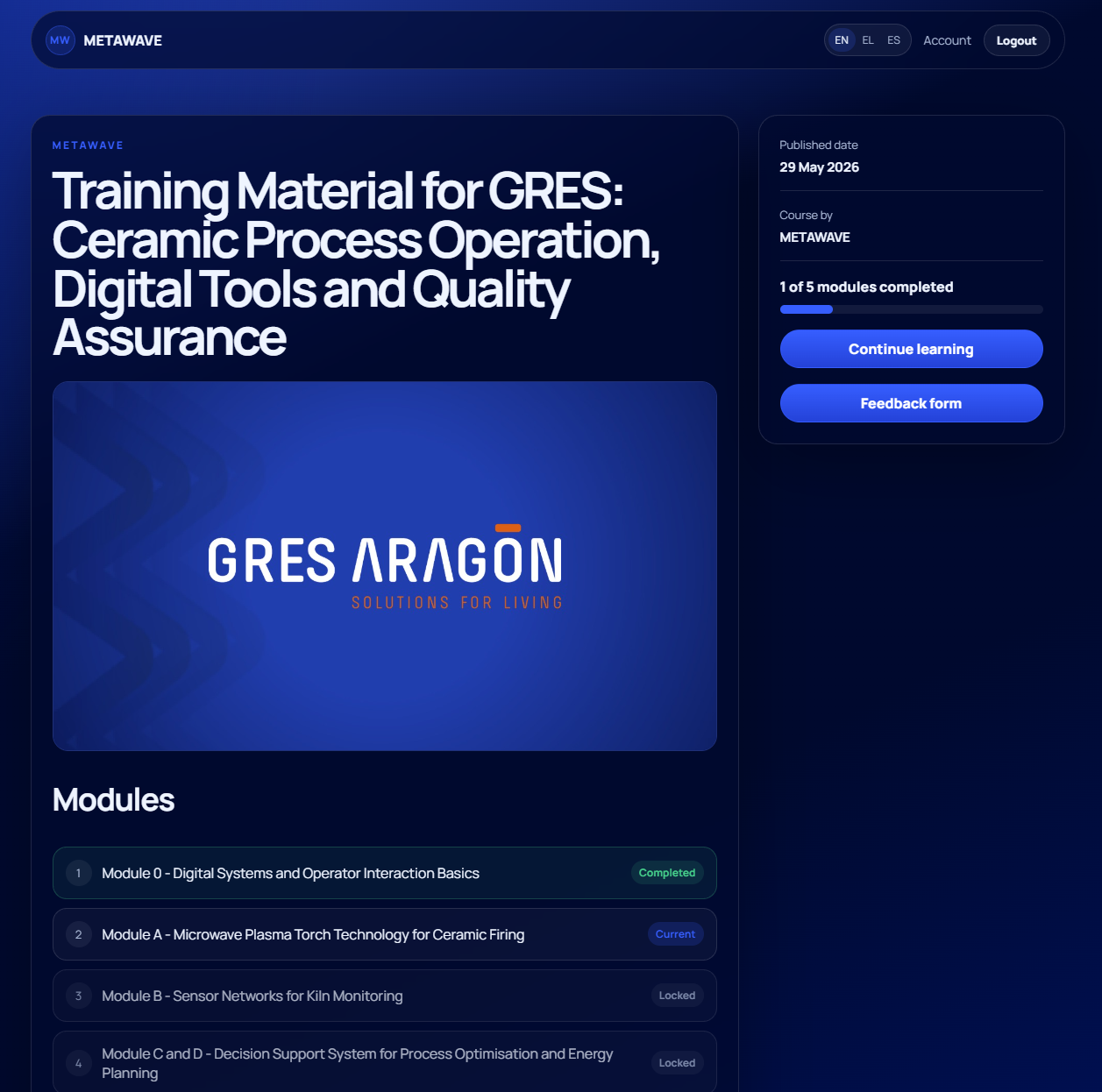 Registered course page showing progress, Continue learning button and module statuses.