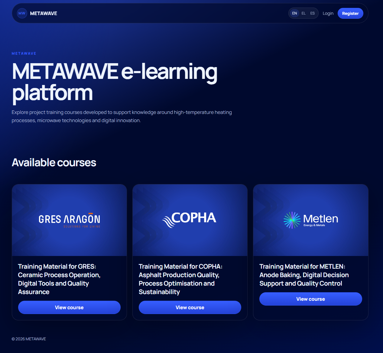 METAWAVE platform homepage showing the available courses and language selector.