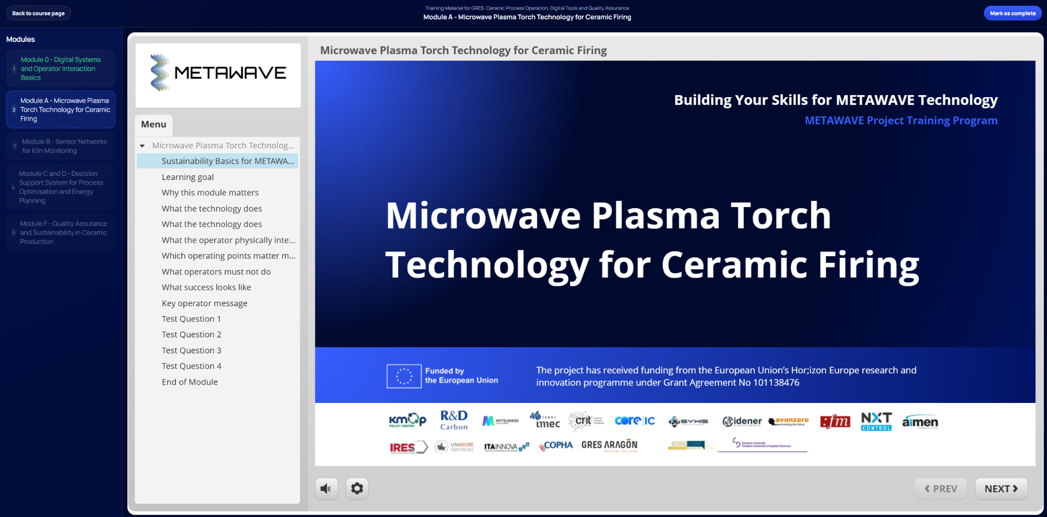 Lesson spotlight page with module sidebar, SCORM content area and Mark as complete button.