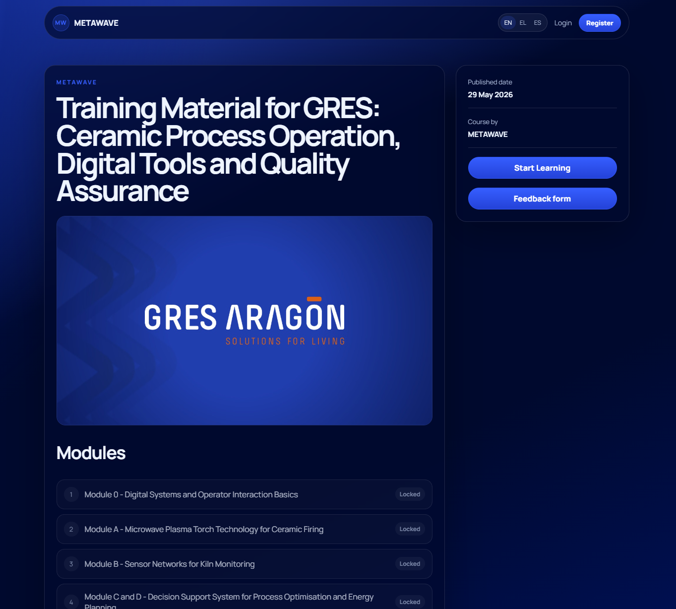 Public course page showing course details, locked modules, Start Learning button and Feedback form button.