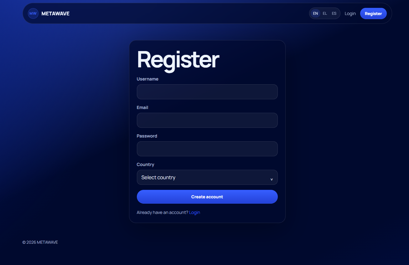 Registration page with username, email, password and country fields.